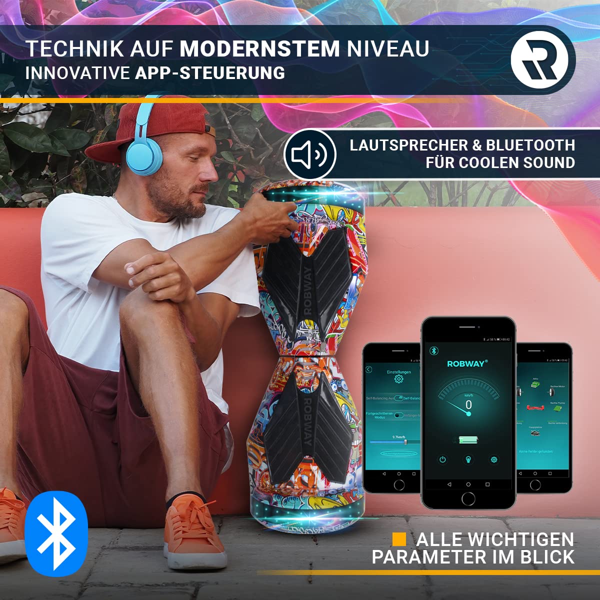 Robway W2 Hoverboard | 𝐃𝐀𝐒 𝐎𝐑𝐈𝐆𝐈𝐍𝐀𝐋 ® Hoverboards for kids, teens & adults - APP control - 𝟮 x 𝟯𝟝𝟢 Watt motors - Self-Balance function - Bluetooth (Matte Black)