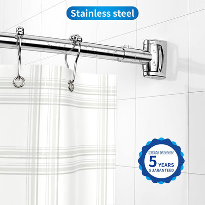 Curved shower curtain rod made of 304 stainless steel, includes 18 stainless steel curtain rings. Telescopic and adjustable from 110 to 180 cm for bathroom and bathtub, easy drill installation.