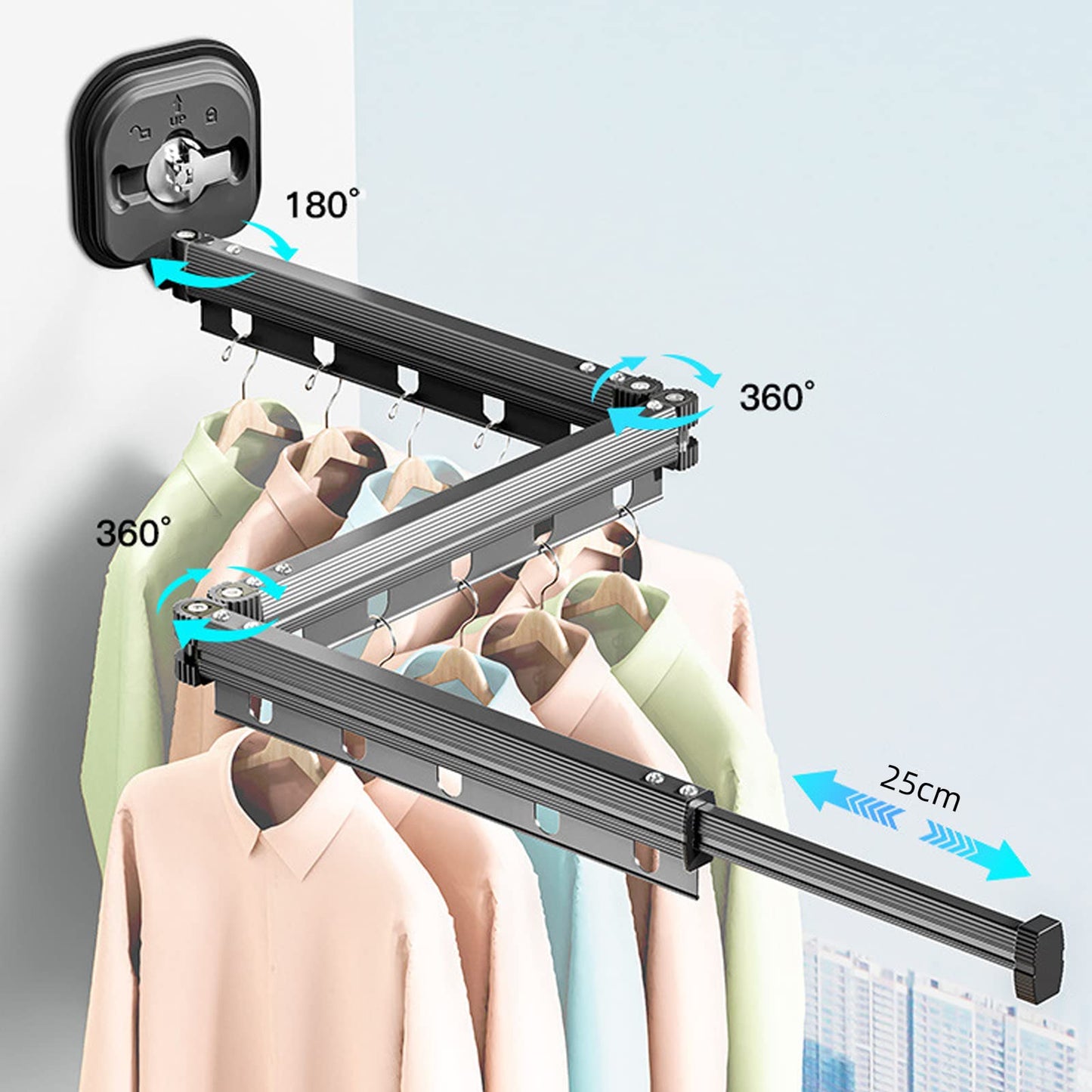 Clothesline, Retractable Wall Mounted Garment Rack with Suction Cup, Foldable Collapsible Clothes Rail with Hooks & Towel Holder Balcony, Laundry, Bathroom, Bedroom (Dark Gray 3-tier)