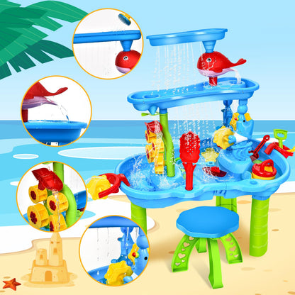 JONRRYIN Sand Water Table for Toddlers, 3-Tier Kids Sand Water Table Toy, Water Play Table Outdoor Beach Toy, Large Play Table Summer Water Toy for Boys Girls 3 4 5 6 7 Year