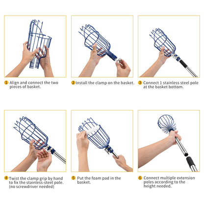 MaidMAX fruit picker with telescopic stainless steel handle 4 meters, apple picker with joint and foam pad, gripper with basket for fruit apple orange, light stable and space-saving.