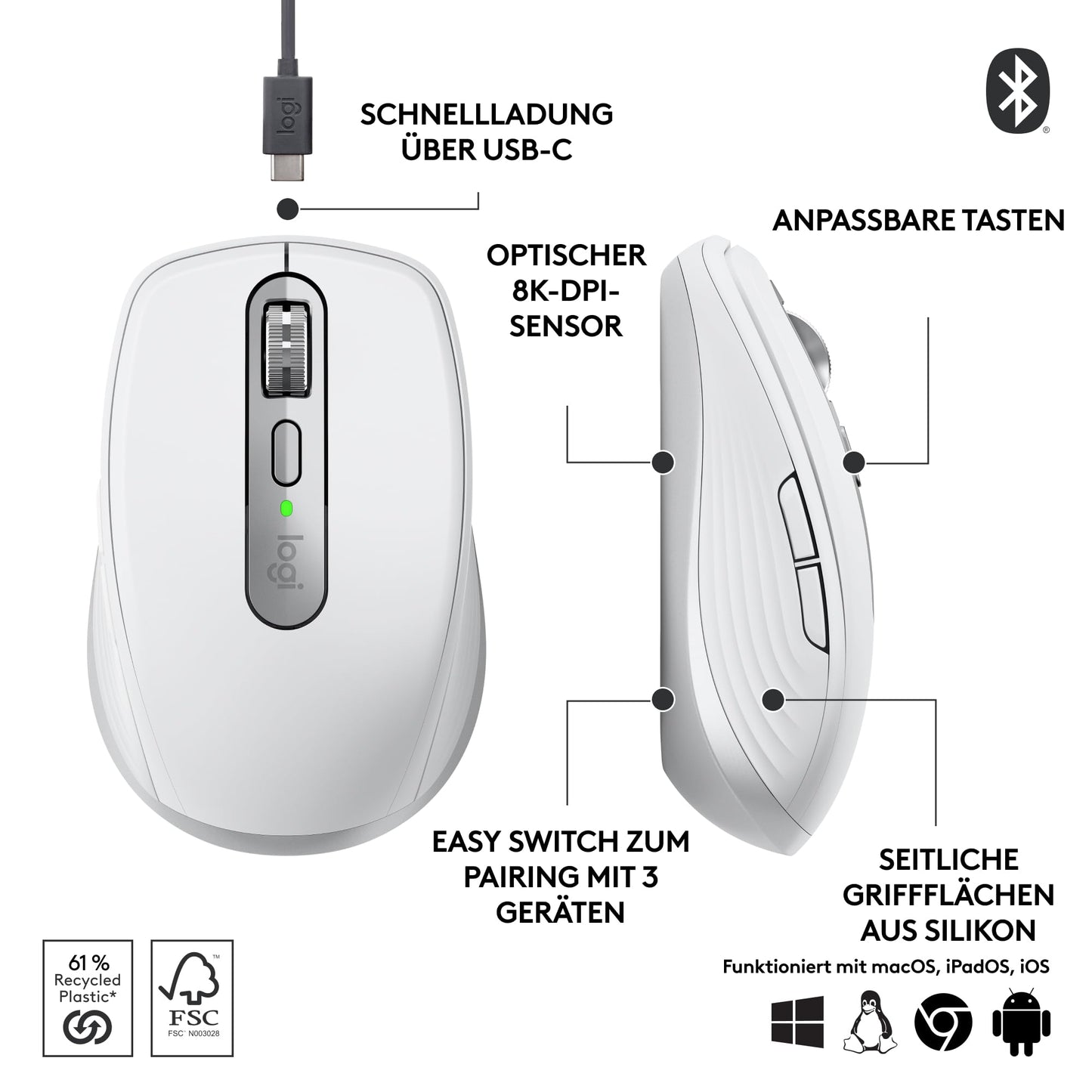Logitech MX Anywhere 3S Compact Wireless Mouse, Fast Scrolling, 8K DPI Any-Surface Tracking, Quiet Clicks, Programmable Buttons, USB C, Bluetooth, Windows PC, Linux, Chrome, Mac - Pale Grey