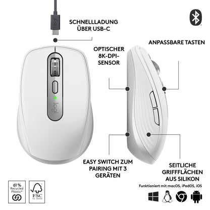 Logitech MX Anywhere 3S Compact Wireless Mouse, Fast Scrolling, 8K DPI Any-Surface Tracking, Quiet Clicks, Programmable Buttons, USB C, Bluetooth, Windows PC, Linux, Chrome, Mac - Pale Grey