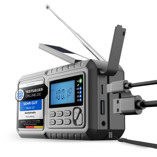 Acta Mountain Crank Radio | Emergency radio with crank & 5000 mAh battery | Solar radio with world receiver | Hand-cranked blackout emergency equipment | Functions as flashlight & charger, AM/FM/SW, with USB, Grey