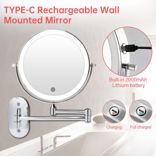 FUNTOUCH Rechargeable Cosmetics Mirror with LED Lighting, 1X 10X Mirror Magnification Wall Mount, Dimmable Shaving Mirror 3 Colors, Touchscreen, 360° Rotatable, Makeup Mirror for Bathroom