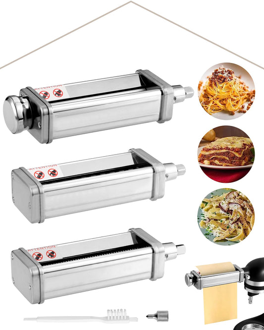 HOMGEN Pasta Attachment Set for KitchenAid stand mixers, including pasta sheet roller, spaghetti cutter & fettuccine cutter. Stainless steel pasta roller accessory with 8 adjustable speeds, 3 parts.