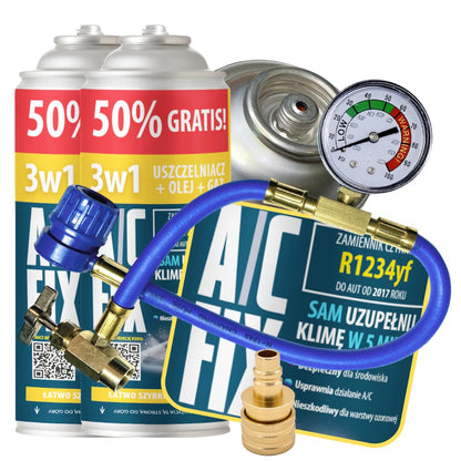 A/C FIX 3in1 R1234yf refrigerant replacement gas - car cooling agent - gas bottle 2x235 g car air conditioning refill set - RV - air conditioning hose - air conditioning manifold - ECO