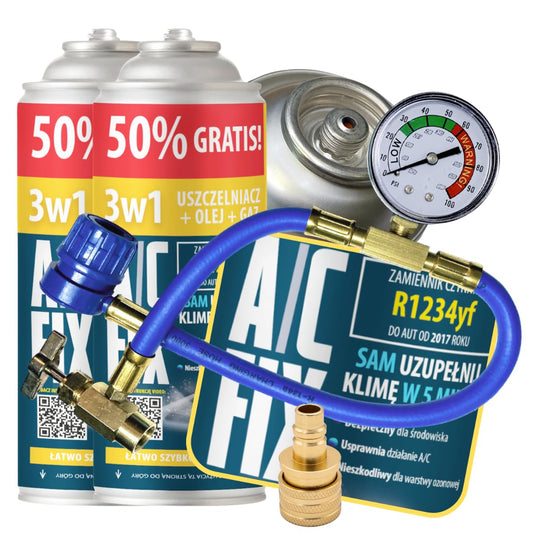 A/C FIX 3in1 R1234yf refrigerant replacement gas - car cooling agent - gas bottle 2x235 g car air conditioning refill set - RV - air conditioning hose - air conditioning manifold - ECO