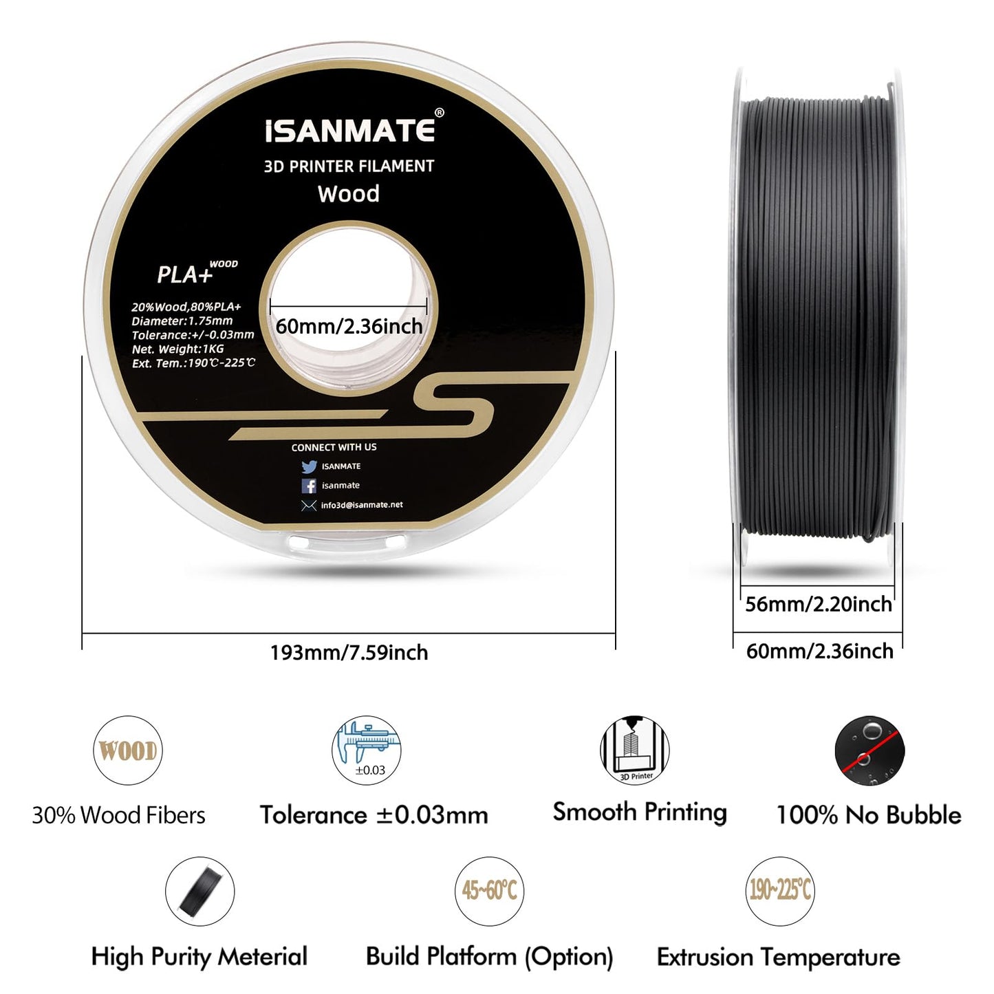 iSANMATE Wood PLA+ Filament 1.75mm, Ebony PLA+ Filament for 3D printers (20% wood powder + 80% PLA+), 1KG spool, Matte wood texture, Accuracy +/- 0.03mm.