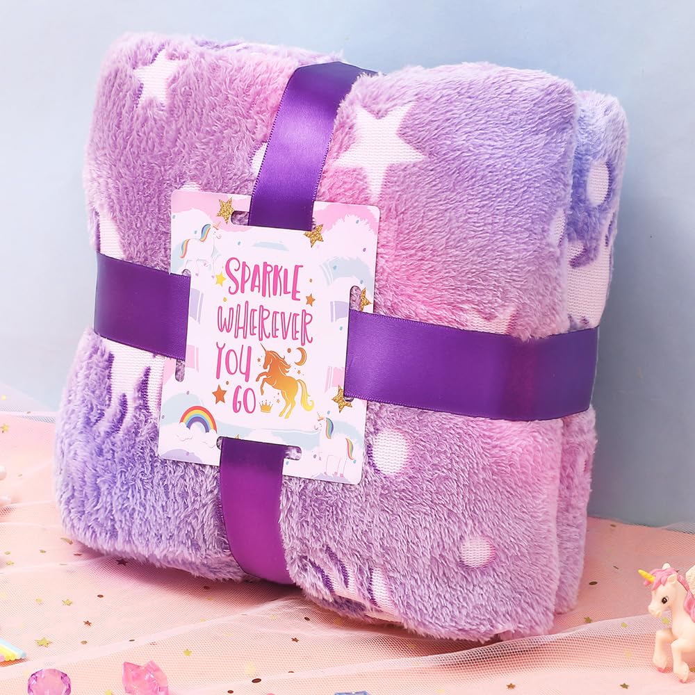 Taco bear unicorn gifts for girls aged 5-11 years old. Includes unicorn blanket, glow-in-the-dark pillowcase, stainless steel thermos, bath bombs, shoulder bag, eye mask. Perfect birthday gift for girls.