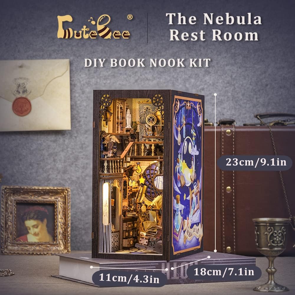 CUTEBEE Book Nook Kit - DIY Dollhouse Houses, Miniature House Building Kit for Adults with LED Lighting, 3D Puzzle & Bookshelf | Creative set for bookshelf decor | Gift (The Nebula Rest Room)