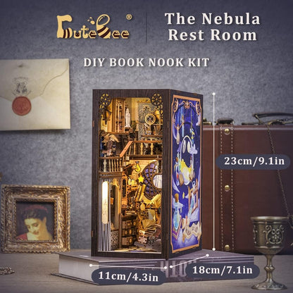 CUTEBEE Book Nook Kit - DIY Dollhouse Houses, Miniature House Building Kit for Adults with LED Lighting, 3D Puzzle & Bookshelf | Creative set for bookshelf decor | Gift (The Nebula Rest Room)