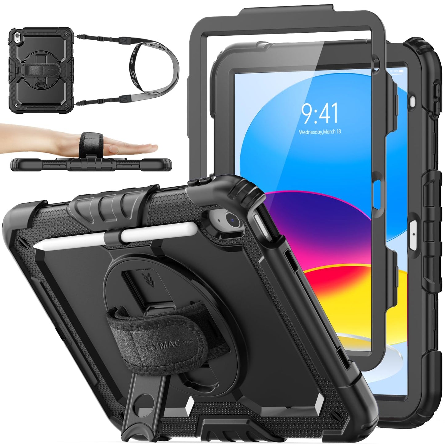 SEYMAC stock case for iPad A16 11th/10th Generation 11/10.9 Inch 2025/2022, Shockproof case with screen protector, 360 Rotating stand/hand strap, Pencil holder & Shoulder strap, Black