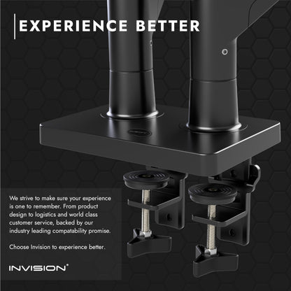 Invision dual monitor mount for 24-35 inch screens VESA 75mm & 100mm Adjustable height Tilt Swivel & Rotate Ergonomic Gas spring desktop clamp mount Supports 2kg-15kg (MX900)