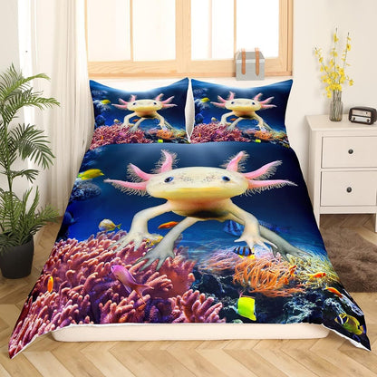 Nice Axolotl Duvet Cover Set in M size, Fish Sea Life Bedding Set for Kids Teens Girls Room Decor, Cartoon Animal Theme Comforter Cover Sea Blue Quilt Cover with 1 Pillowcase.
