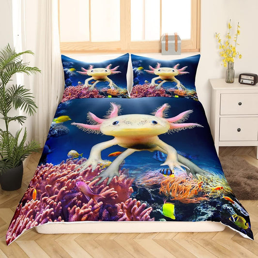 Nice Axolotl Duvet Cover Set in M size, Fish Sea Life Bedding Set for Kids Teens Girls Room Decor, Cartoon Animal Theme Comforter Cover Sea Blue Quilt Cover with 1 Pillowcase.