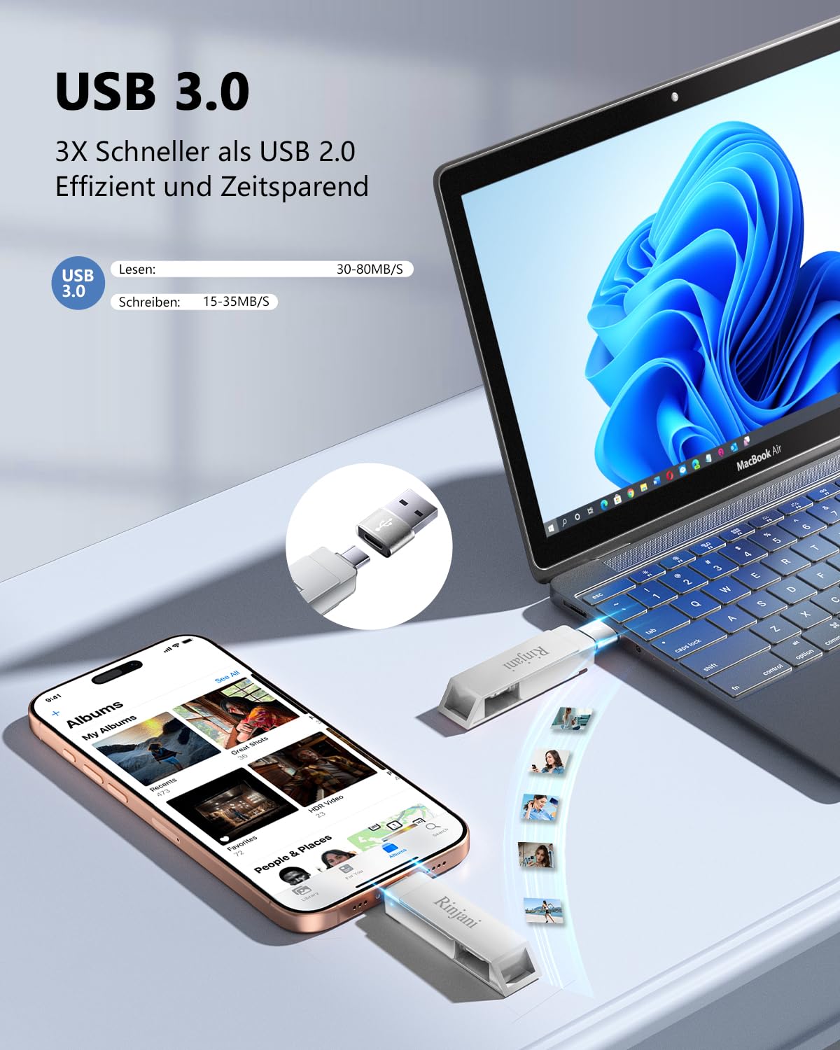 Rinjani USB Stick 512GB for iPhone Apple Certified, USB C Stick for iPhone 15/16, OTG Android Phone, iPad, Mac, Tablet, PC, USB 3.0 Memory Stick Photo Stick External SSD 3 in 1 MFi Lightning