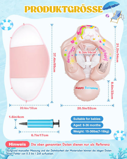 Baby swim ring with UPF50+ sun canopy, removable inflatable swim seat swim trainer, adjustable safety seat, baby swim aid for 3-36 months.