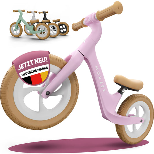 MOREEZ® Balance Bike for 2 years and up [2-5 years]. Ultra-light kids' bike with crash protection, ergonomic seat, 50kg puncture-proof 12-inch wheels, footrest, adjustable height. For girls and boys in pink.