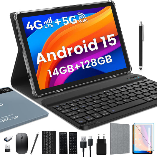 ZONKO 2025 Latest Android 15 Tablet 10 Inch with SIM Slots, 4G LTE Tablets PC 5G WiFi, 14GB RAM+128GB ROM(1TB TF), Octa-Core|8+13 MP|GPS|8000 mAh|Tablet with Keyboard Mouse Stylus, Bluetooth 5.0, GMS (Gray)
