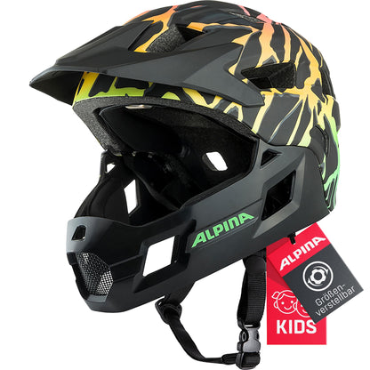 Alpina Rupi - Lightweight and secure full-face helmet for kids and teens, suitable for mountain biking beginners. Detachable chin guard, adjustable fit, optimal ventilation. Fading neon design, 50-55 cm.