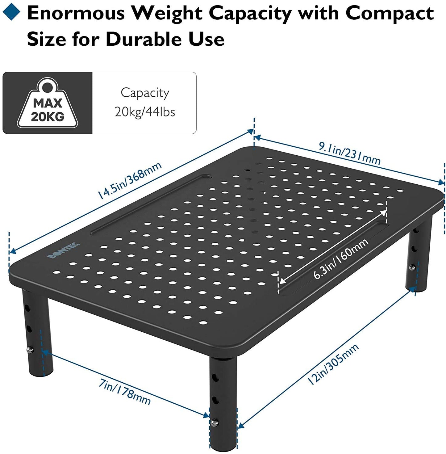 BONTEC Monitor Stand Adjustable Monitor Riser made of high-quality metal. Ergonomic stand for laptop, computer, iMac, PC, printer up to 20 kg, black 2-pack.