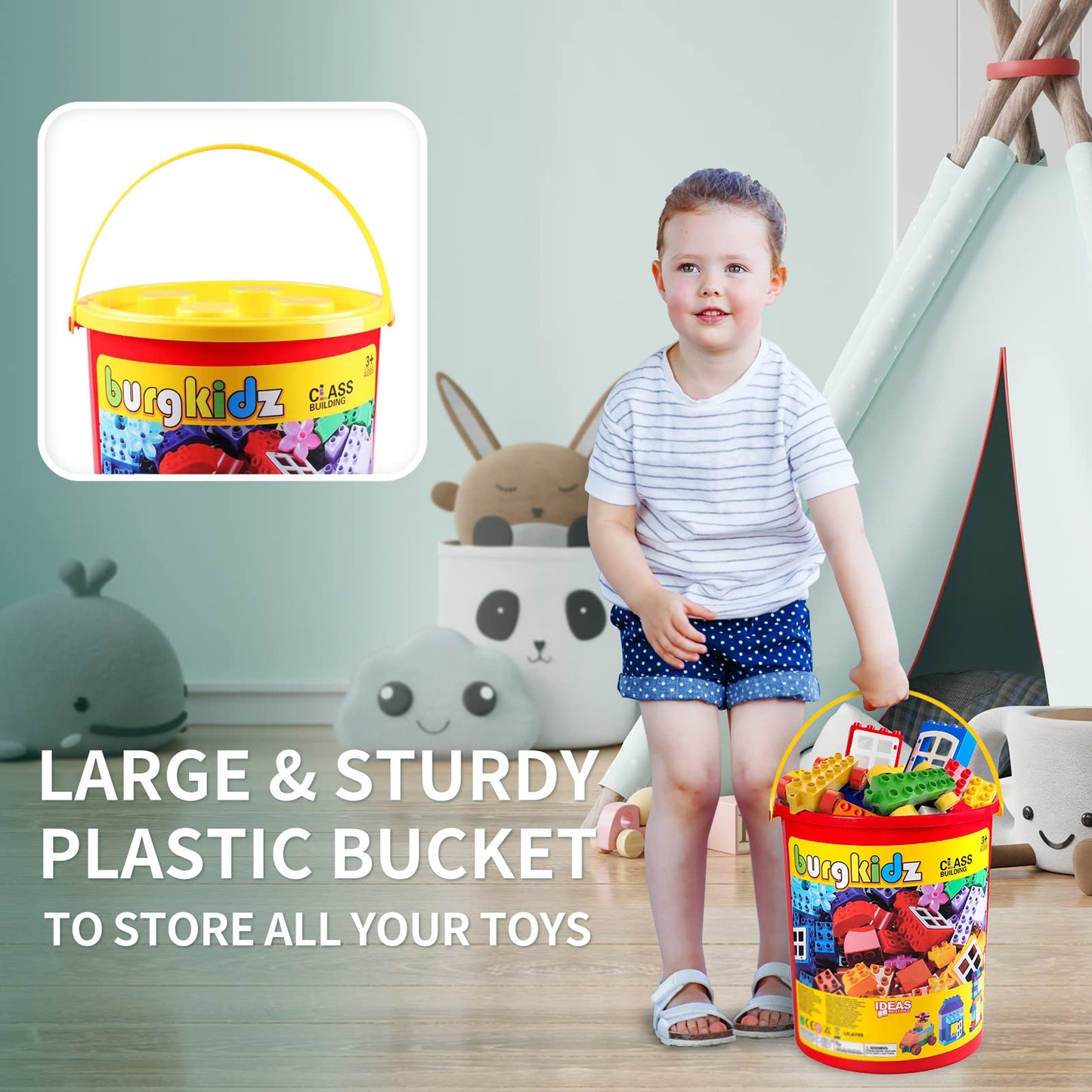 burgkidz Classic Large Building Blocks Educational Toy in Durable Plastic Bucket, 214 Pieces Building Bricks Colorful Toy Game for Toddler Boys Girls, Primary Colors