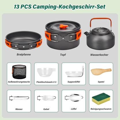 Onherm 13-Piece Camping Cookware Set, Foldable Outdoor Dinnerware Set with Camping Pot, Camping Pan, and Teapot for Hiking Outdoor Cooking Picnic 1-4 Person