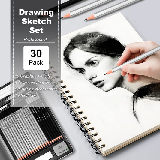 Surcotto Pencil Set, 21 pencils with 1 sharpener, 2 erasers, 1 extender, 3 paper stumps. Professional drawing set for beginners, metal case, range from 10B to 4H, total of 30 pieces.