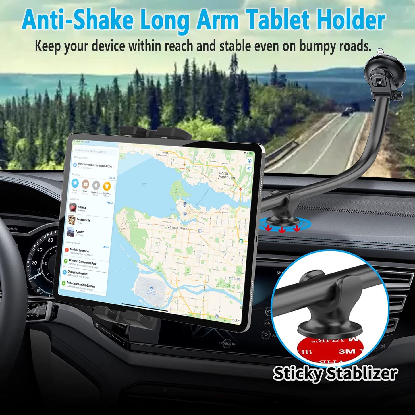 Oilcan swan neck tablet car holder, dashboard windshield truck iPad mount. Flexible long arm (34cm) suction cup car holder for iPad Pro Air Mini, Galaxy, phones (4-12.9").