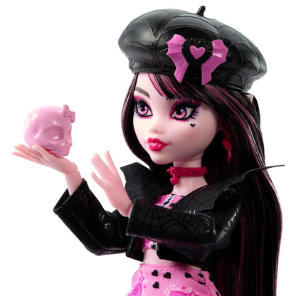 Monster High Fearbook Draculaura set with doll and accessories featuring a film club theme, varsity jacket, yearbook, screenplay, and movie props.