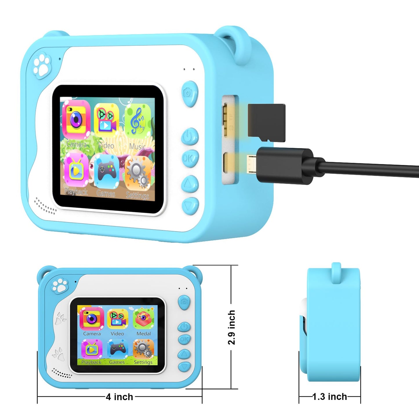 Ukuu Instant Camera 2.4 Inch 1080P Children's Camera with 3 Rolls of Printing Paper and 5 Color Brush Pen Gift for Kids Screen Black and White Photo Camera with 32GB Memory Card for Christmas - Blue
