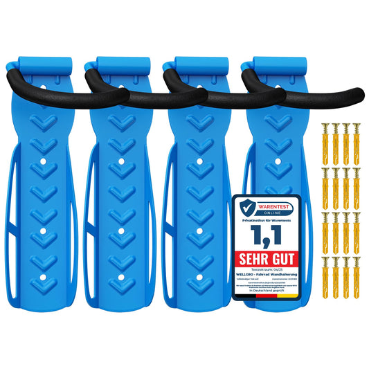 4 x WELLGRO Wall Bike Holder - Steel Bike Wall Mount - Bike Hooks - Bike Stand - Rack - Color selectable, Color: Blue