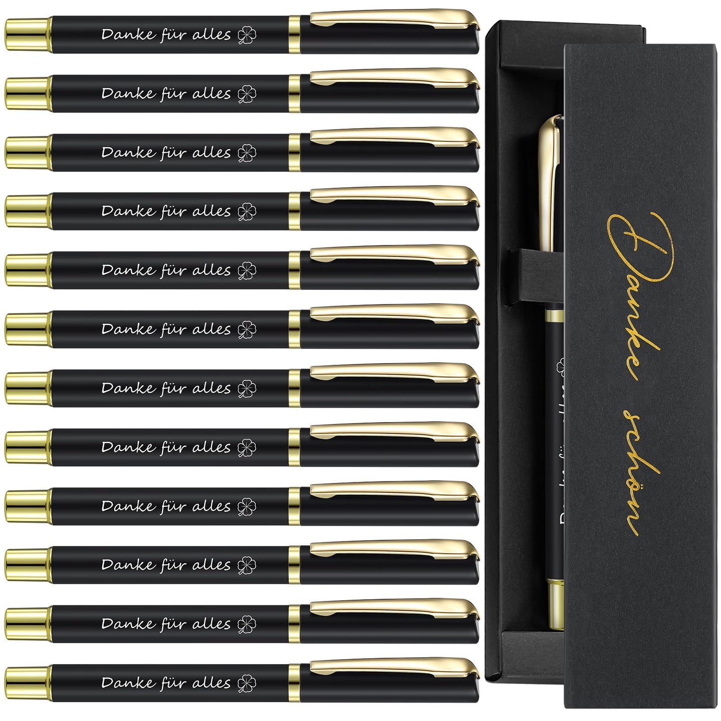 Ten pens as thank-you gifts for colleagues and teachers. Thank you for everything. Metal thank-you pens with gift boxes. Farewell gift for colleagues, students, employees, and team.