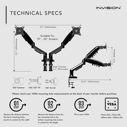 Invision Monitor Mount 2 Monitors for 19-32 inch screens - VESA 75 & 100 mm Desk Clamp - Height Adjustable Tilt Swivel and Rotate - Increased load capacity of 2-9 kg (MX400)