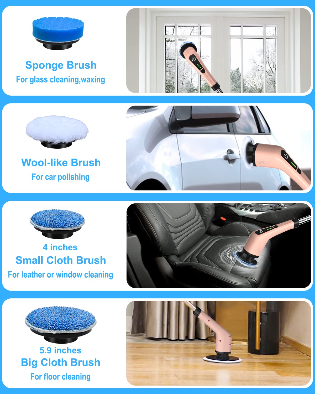 Electric cleaning brush, Electric Spin Scrubber cordless with 8 interchangeable drilling brush heads, tub and floor tile mop set with 137cm adjustable handle for bathroom kitchen car floor (White)