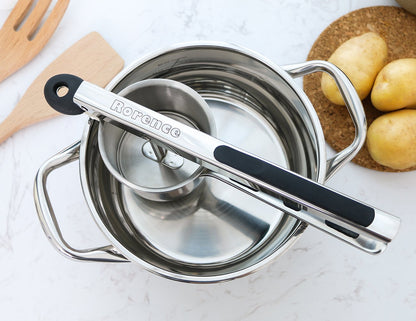 Rorence stainless steel potato masher with 3 interchangeable discs & inner cup & silicone grips (Black)
