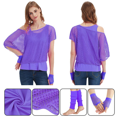 WILDPARTY 80s 90s Outfit Women, Mesh Shirt, Tank top, Leg warmers, Fishnet gloves, Costume 80s Mesh top Women Tops Neon Shirt 80s Aerobic Outfit Clothing Theme Party Clothes