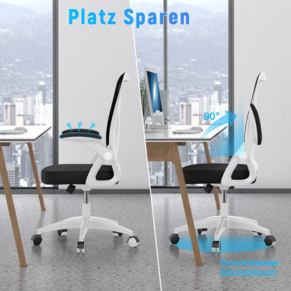 Rattan office chair with foldable armrests, ergonomic desk chair with lumbar support, height adjustable, space-saving, swivel chair for the office.