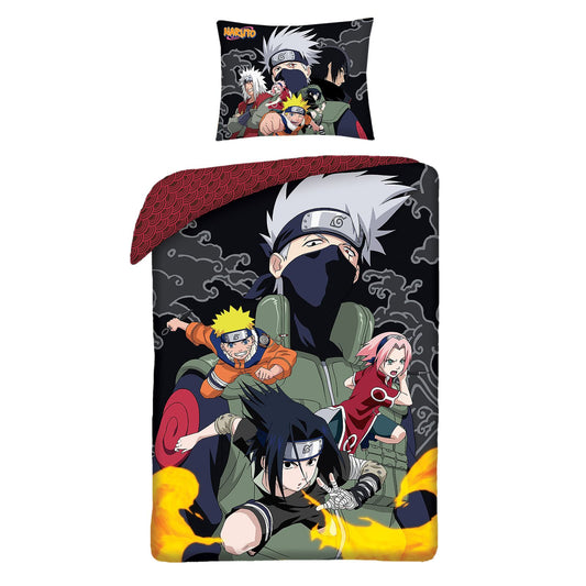Elbenwald Naruto bedding with Konoha Group design, zipper closure, for anime fans. Unisex for men and women. 2-piece set, 80 x 80 and 135 x 200 cm, cotton material, colorful.