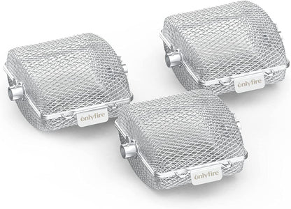 Onlyfire Universal Stainless Steel Grill Basket for Rotisserie, Rotisserie Grill Rack for Skewer, Skewer Basket for Potato Wedges and Vegetable Cubes, 19.2 x 17.5 x 10 cm, 3 pieces.