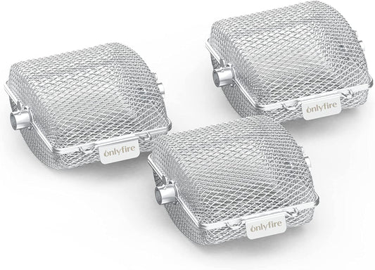 Onlyfire Universal Stainless Steel Grill Basket for Rotisserie, Rotisserie Grill Rack for Skewer, Skewer Basket for Potato Wedges and Vegetable Cubes, 19.2 x 17.5 x 10 cm, 3 pieces.