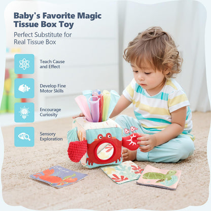 WOODEN TEETHER Personalized Baby Tissue Box Toy (engravable and blessed) Montessori toy for 6 months, Promotes Sensory & Motor Skills, with mirrors, Boys & Girls Gift (Crabs)