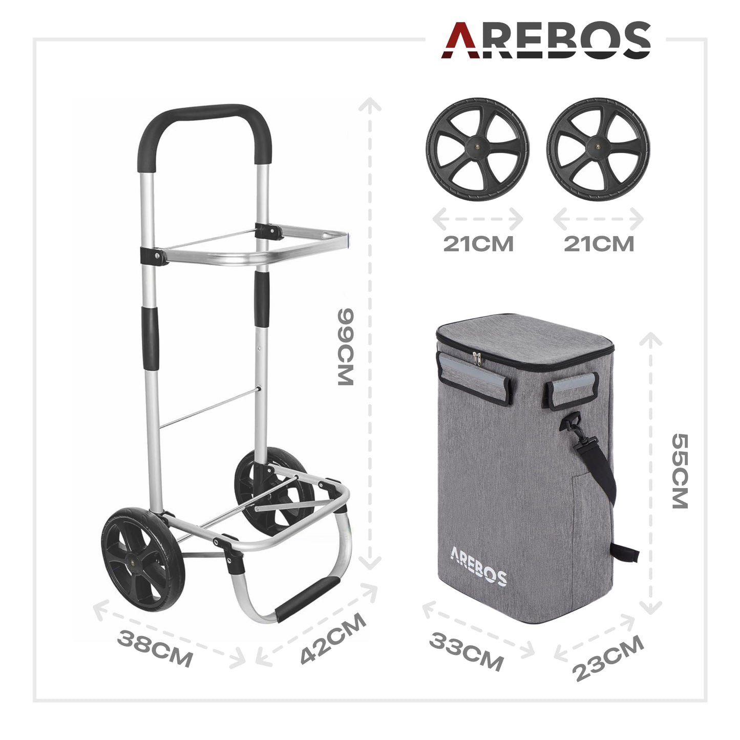 Arebos 3in1 shopping trolley | Large 56 liter cart | Shopping bag with cooler compartment | Bag with wheels | Folding shopper | Foldable bag removable | Shopping roller, hand cart | Gray