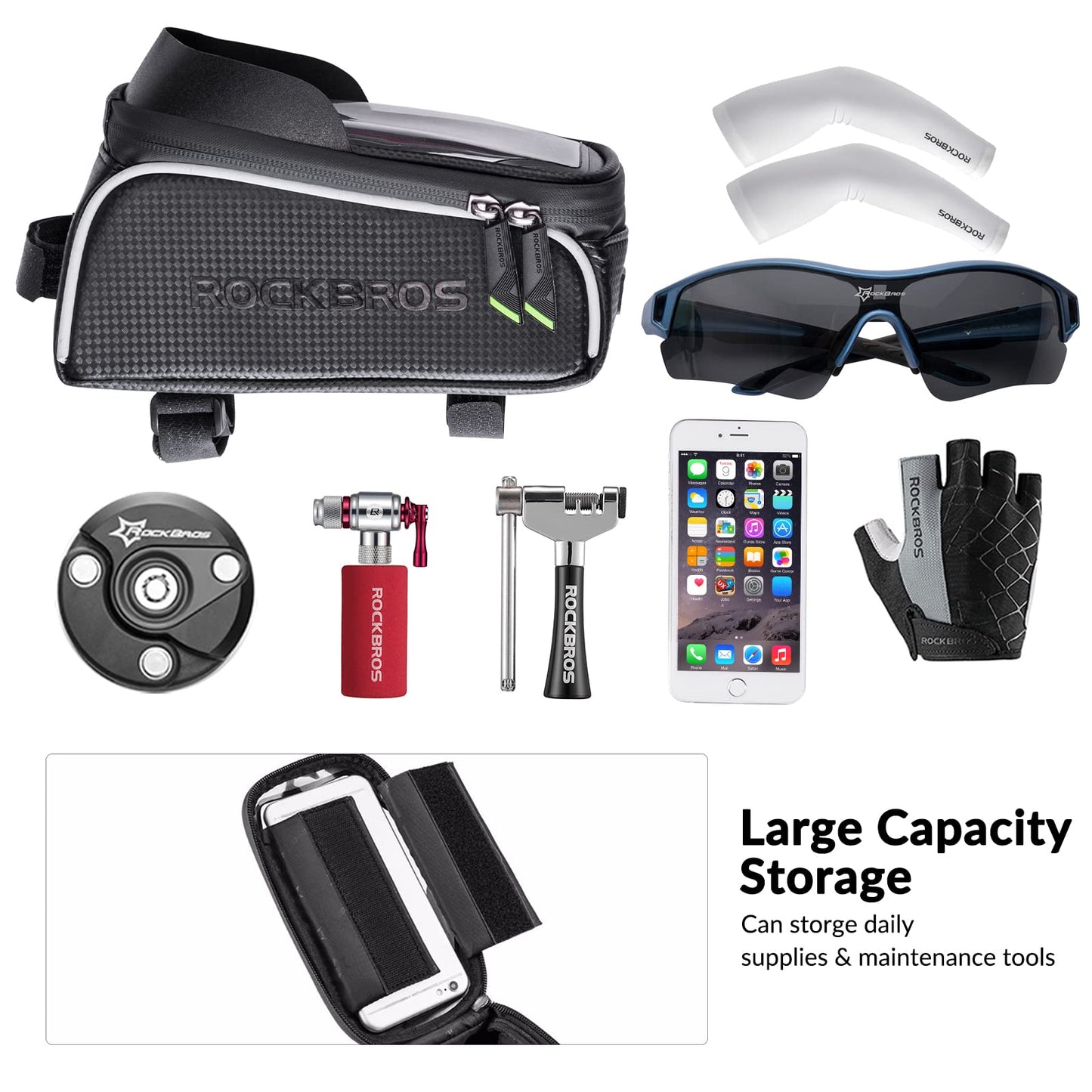 ROCKBROS bike frame bag water-repellent handlebar bag, top tube bag touchscreen for smartphones up to 6.5 inches road bike MTB gravel bike.