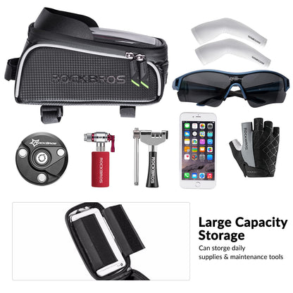 ROCKBROS bike frame bag water-repellent handlebar bag, top tube bag touchscreen for smartphones up to 6.5 inches road bike MTB gravel bike.