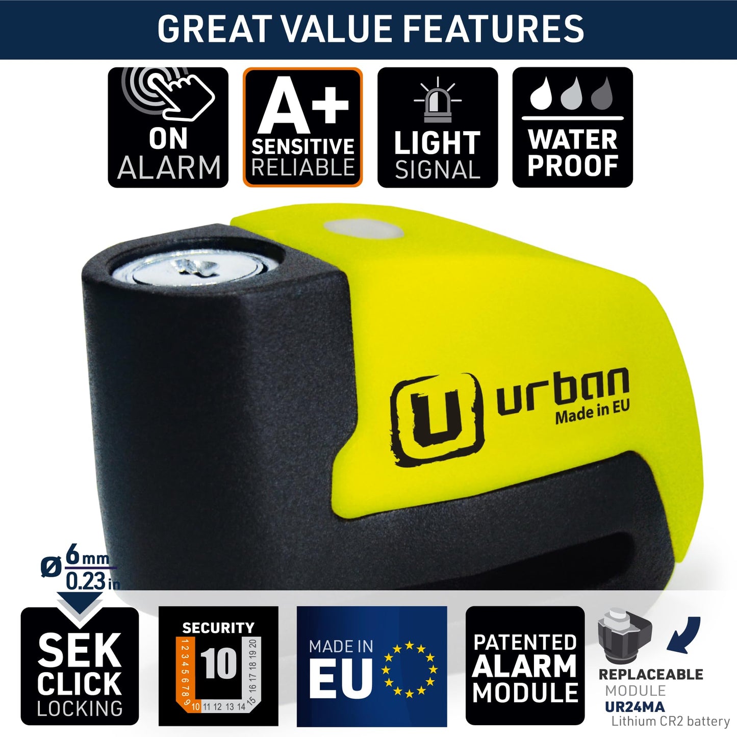 URBAN UR6 disc brake lock with 120dB alarm ON/Off with warning function, Optional activation, Long-lasting battery, Waterproof, Motorcycle lock alarm system Anti-theft protection Scooter Universal ø6mm