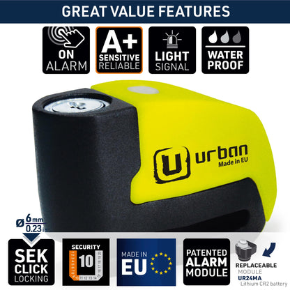 URBAN UR6 disc brake lock with 120dB alarm ON/Off with warning function, Optional activation, Long-lasting battery, Waterproof, Motorcycle lock alarm system Anti-theft protection Scooter Universal ø6mm