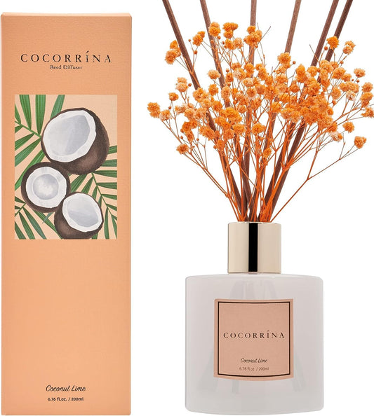 COCORRÍNA room fragrance reed diffuser with 8 scent sticks 200ml - coconut-lime, natural, long-lasting, home scent essential oil reed diffuser for bathroom shelf decoration.