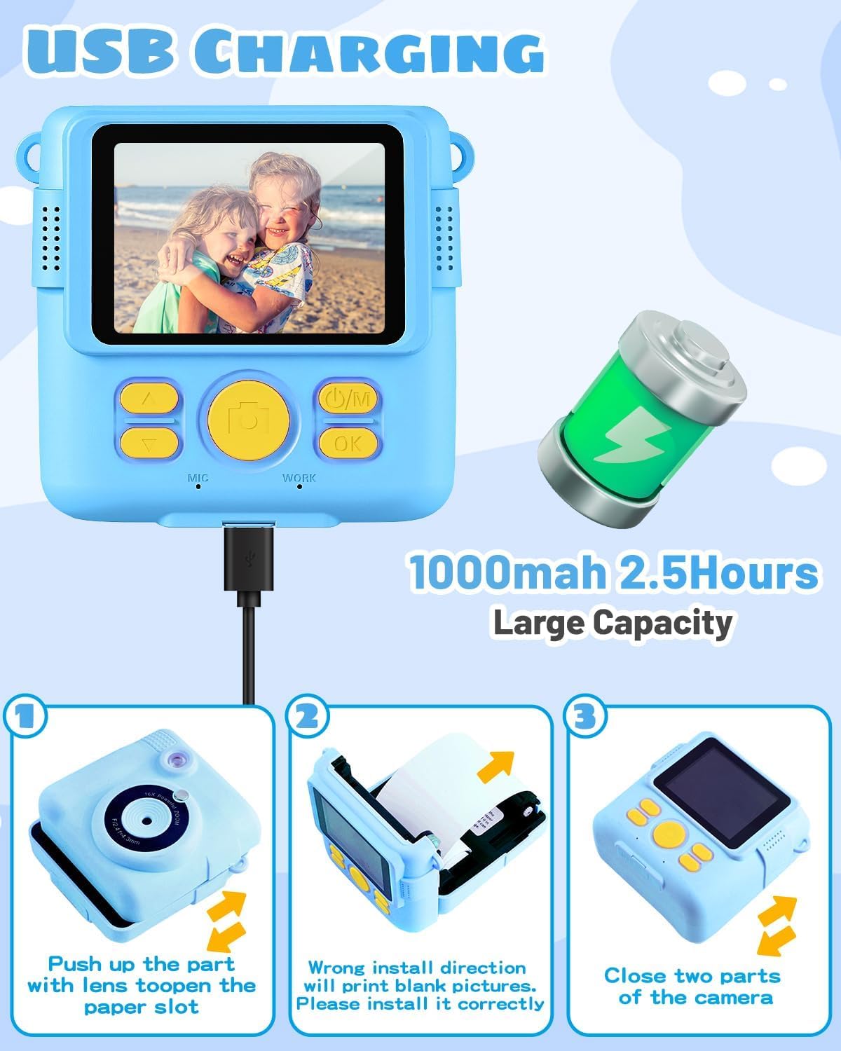 Kids Camera Toy, 2.4 inch Screen DIY Instant Camera for Kids, 1080P HD Video Digital Camera with 32GB SD Card & Printing Paper, Gift for Girls & Boys aged 3-14 (Blue)